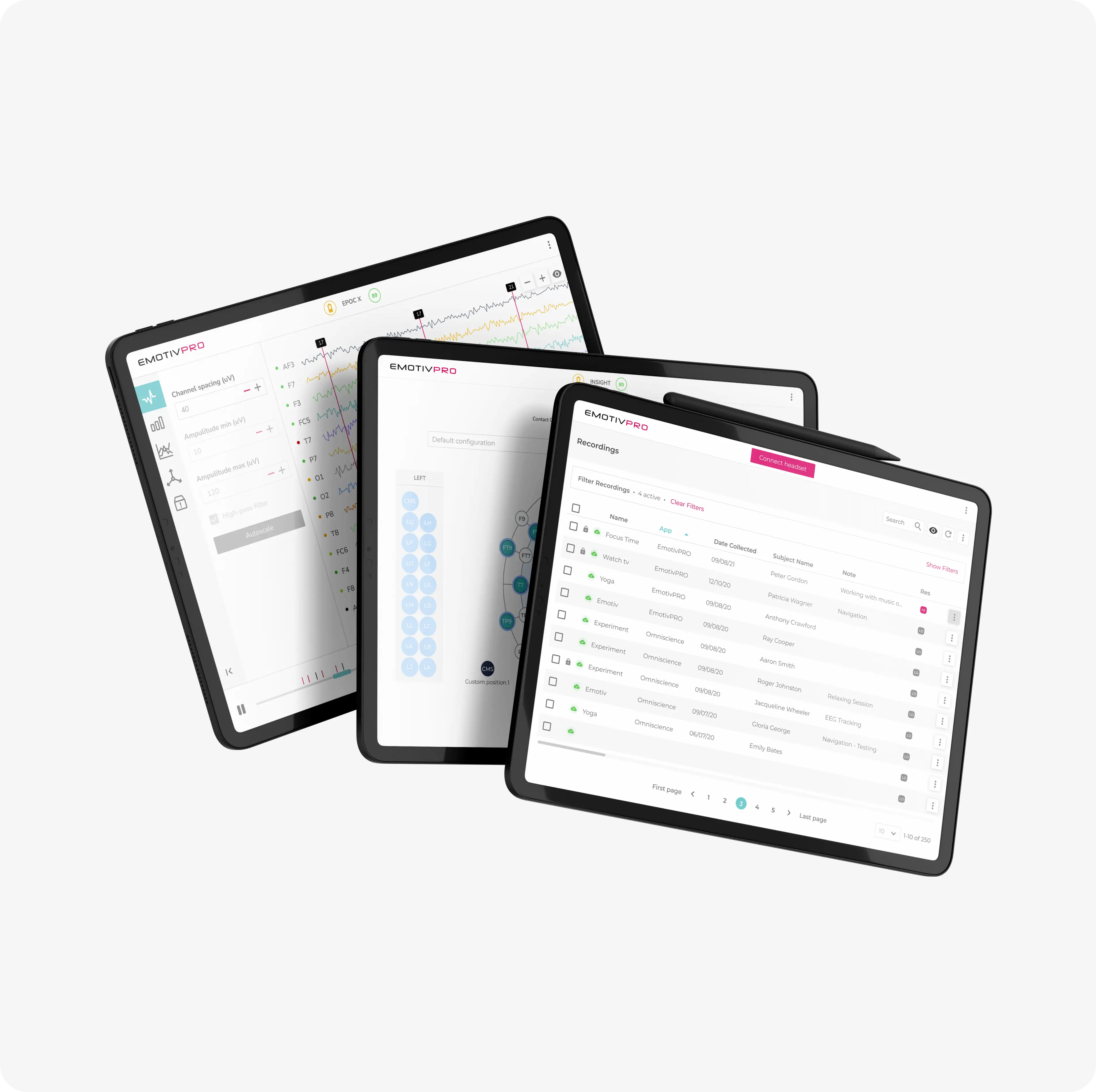 EmotivPRO Tablet - three tablet displaying three different screens of PRO Tablet
