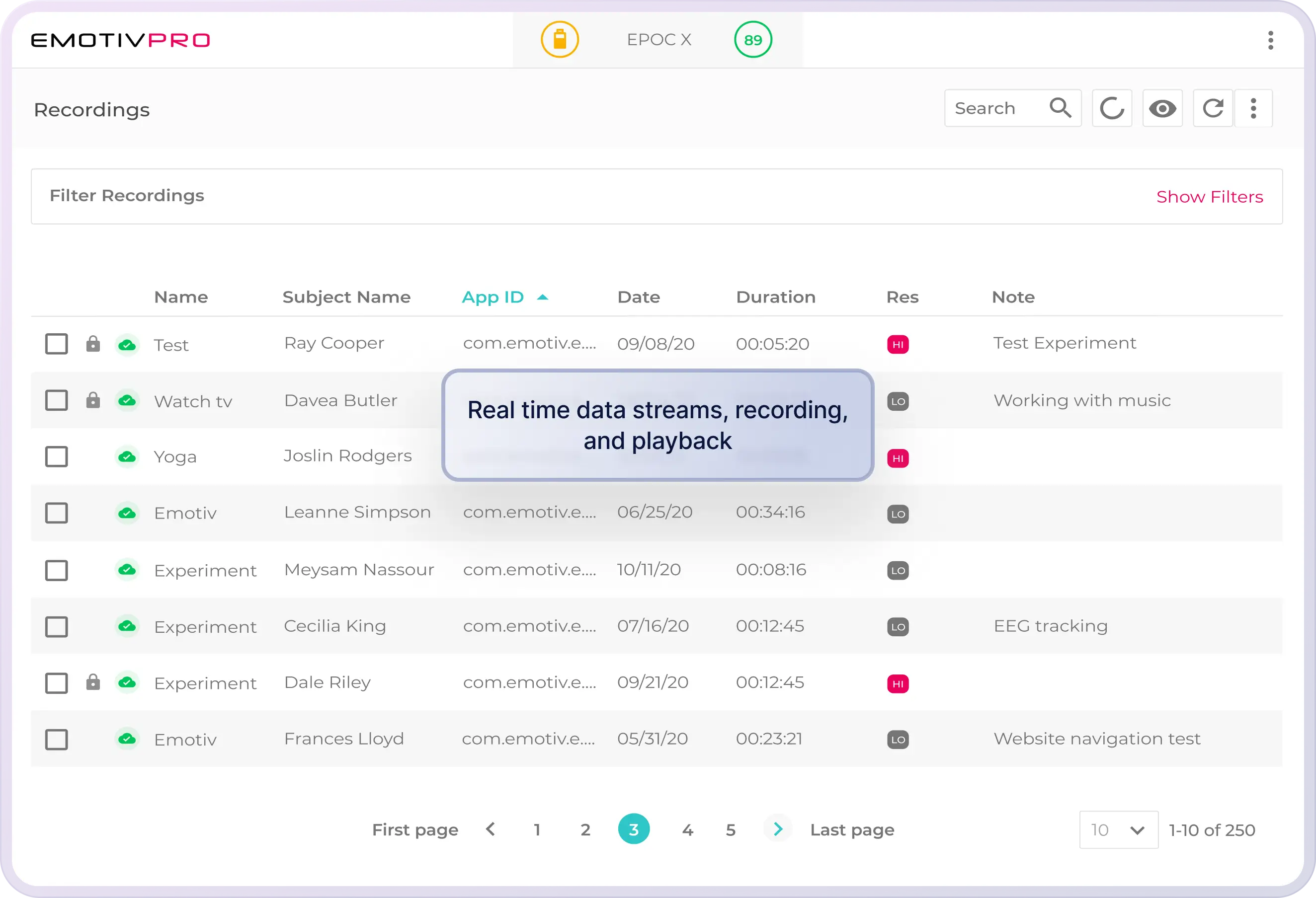 EmotivPRO - Cloud Storage and recordings table screen