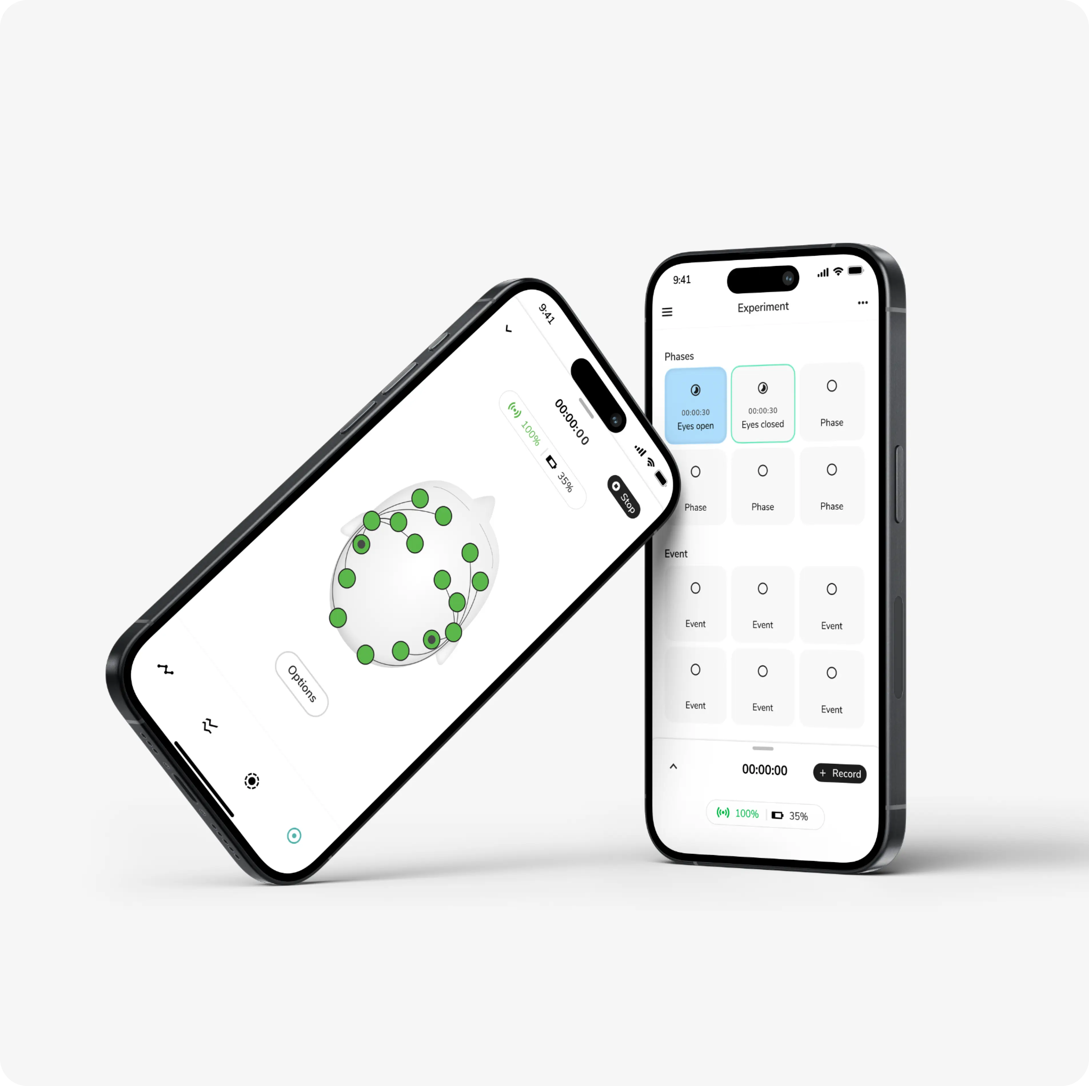 EmotivPRO Mobile - two smartphones displaying two screens of PRO Mobile